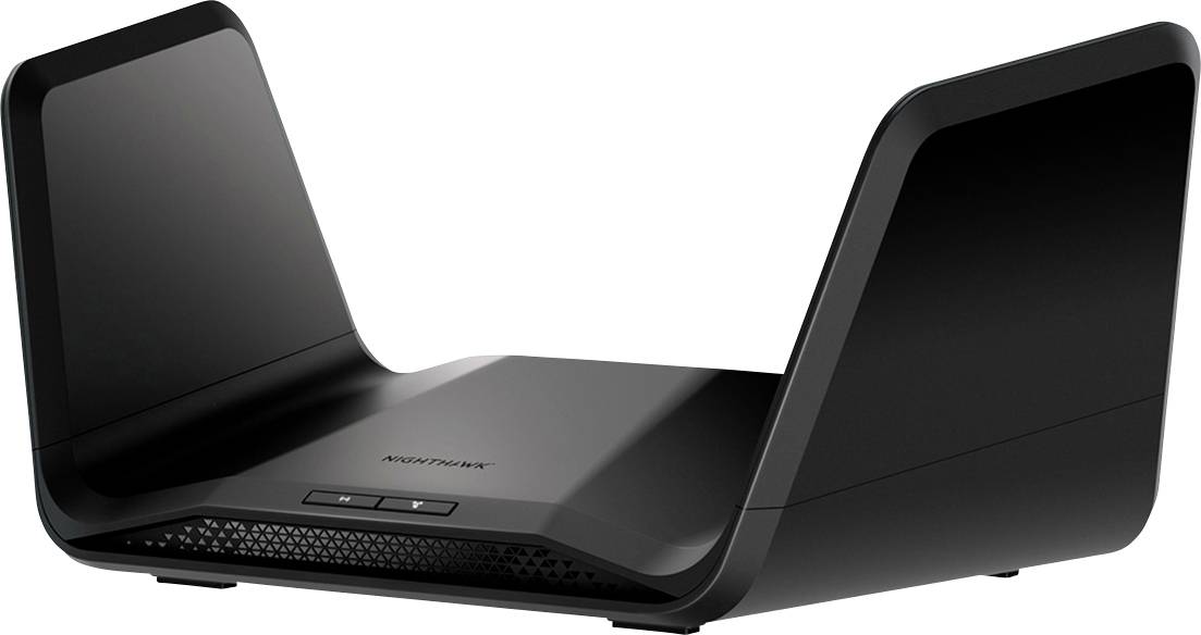 Un routeur Wi-Fi noir moderne au design futuriste, équipé de deux antennes larges et déployées. Idéal pour un internet rapide.