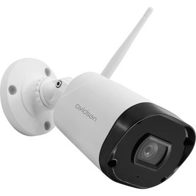 Une caméra de surveillance blanche avec une antenne, montée sur un mur ; le nom du modèle 'avidsen' est visible.