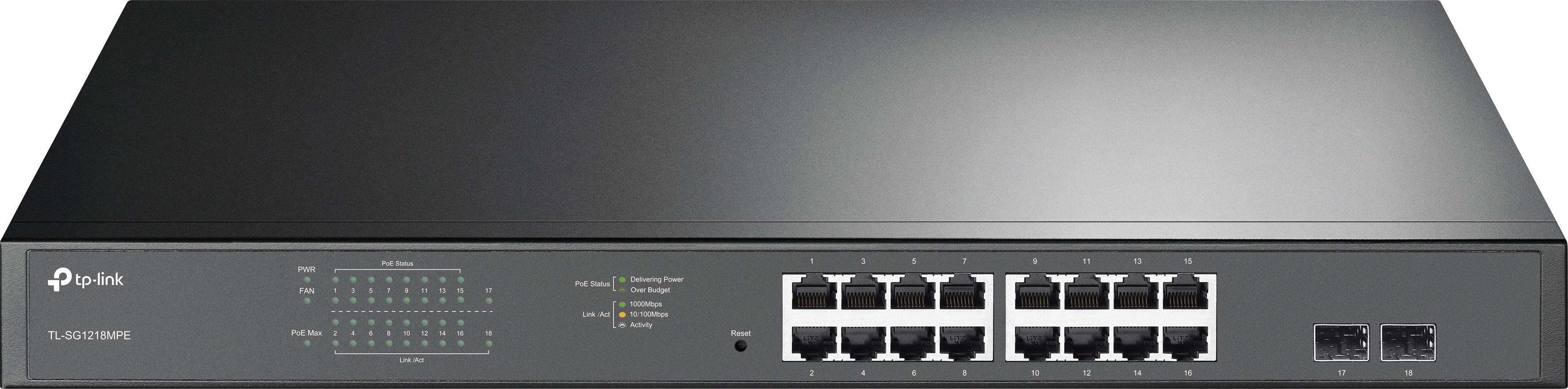 Commutateur réseau noir avec 16 ports Ethernet et 2 emplacements SFP sur la façade. Les voyants LED indiquent l'état des ports.