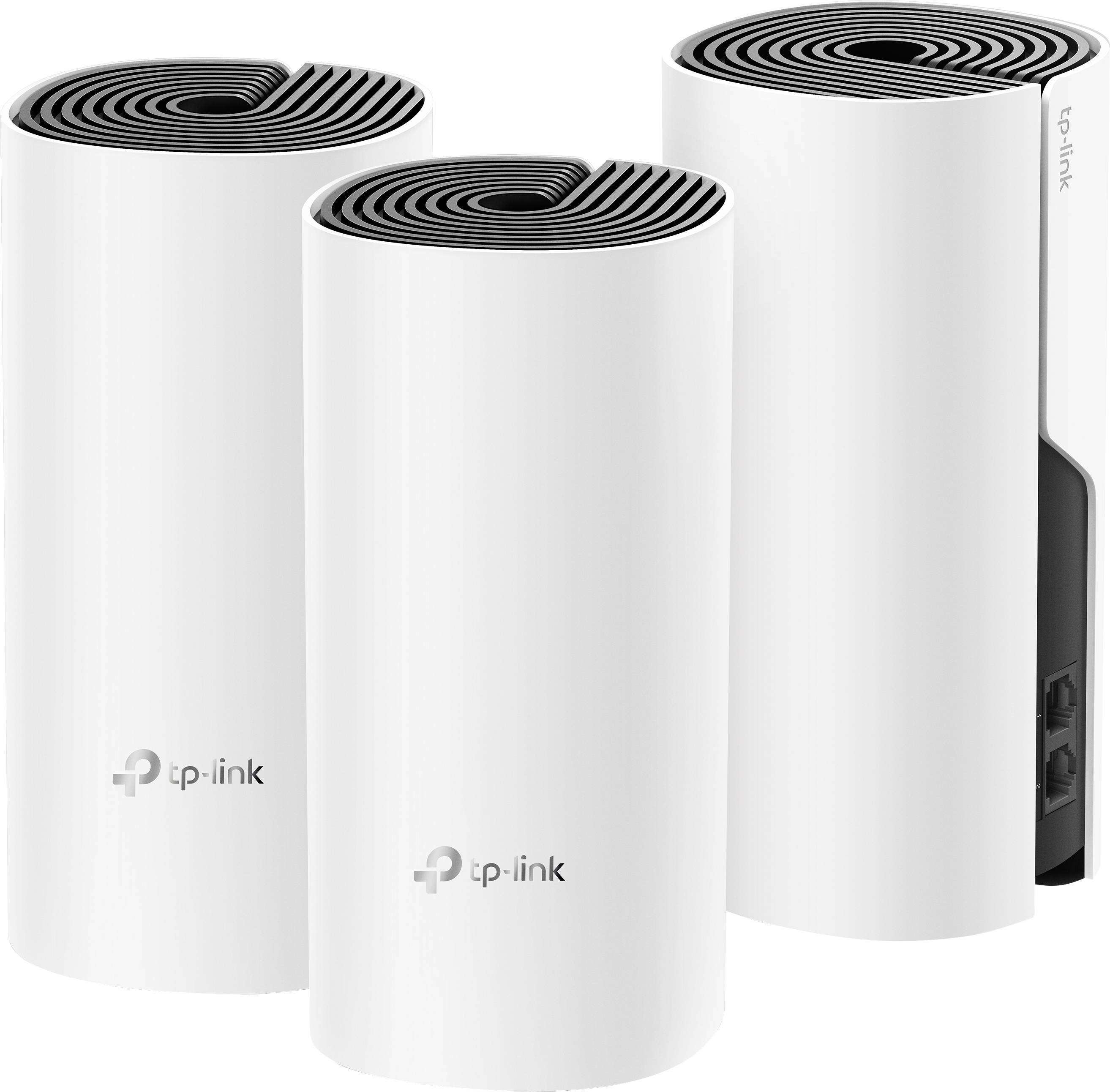 Trois routeurs Wi-Fi TP-Link Deco blancs au design moderne. Deux appareils présentent des grilles d'aération en haut, un appareil montre deux ports Ethernet à l'arrière.