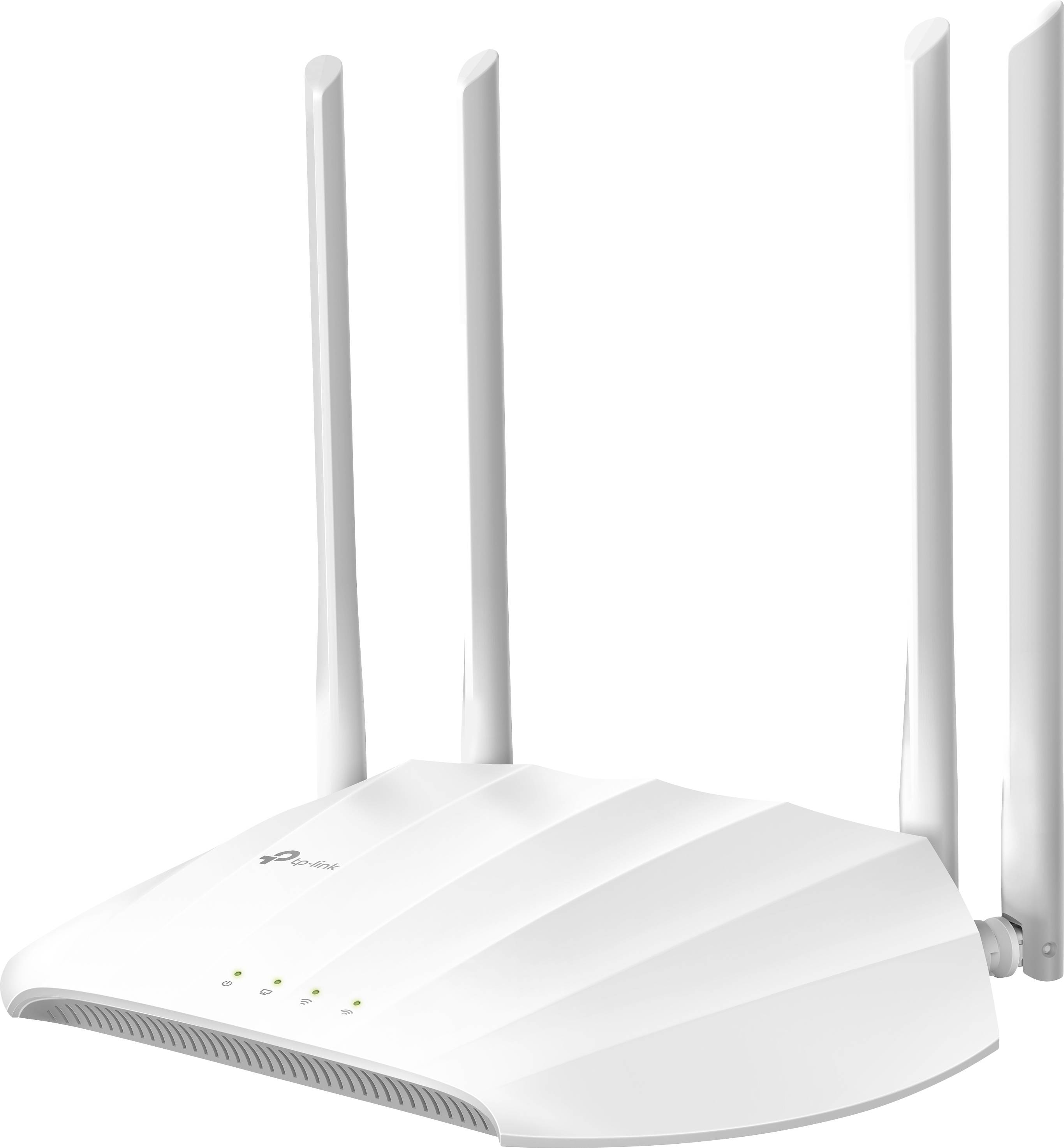 Routeur Wi-Fi blanc avec quatre antennes, voyants verts sur le devant, adapté aux réseaux domestiques.