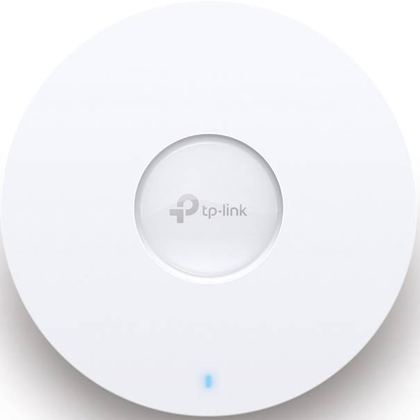 Un routeur Wi-Fi TP-Link blanc de forme ronde, avec un voyant LED bleu lumineux en bas, sur un fond neutre.