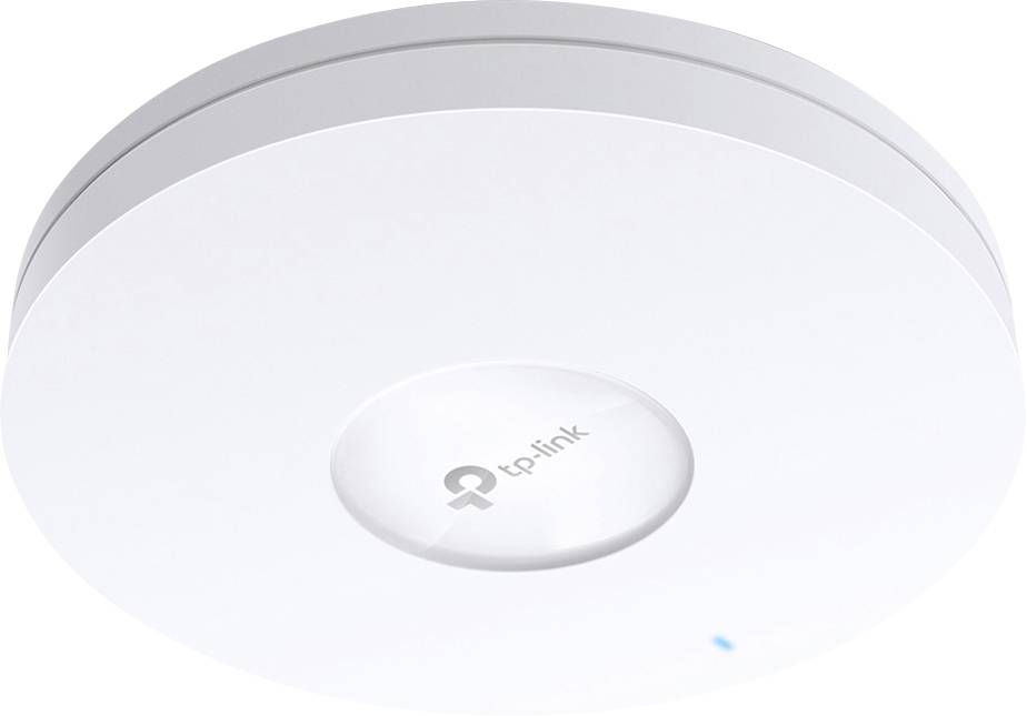Un point d'accès WiFi blanc et rond de TP-Link pour montage au plafond, avec un logo TP-Link discret au centre.