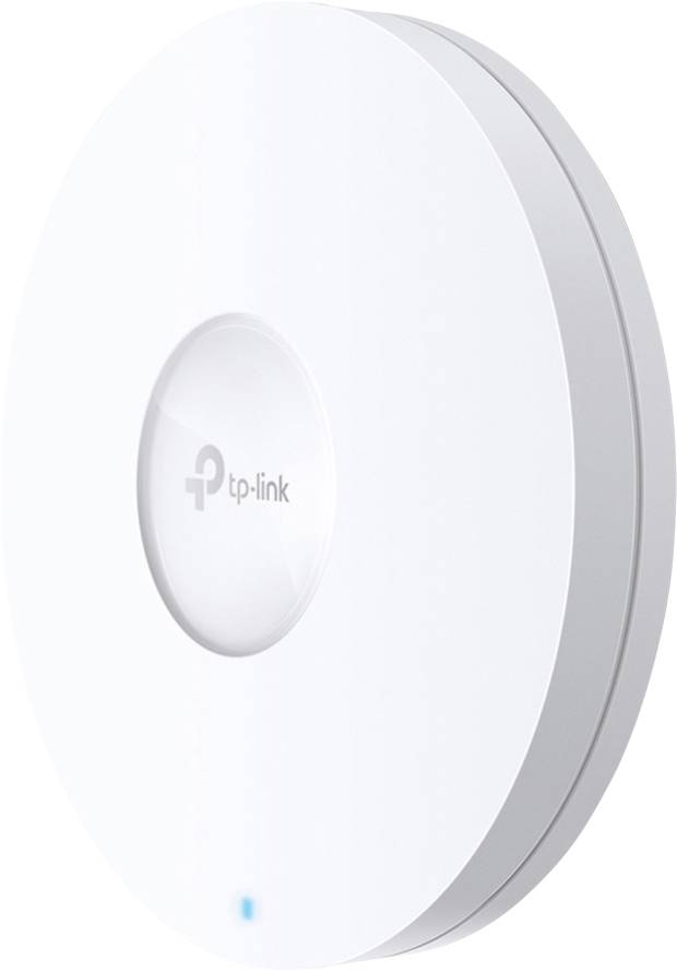 Un point d'accès Wi-Fi blanc et rond de TP-Link, monté au mur, avec une petite lumière bleue sur sa face inférieure.