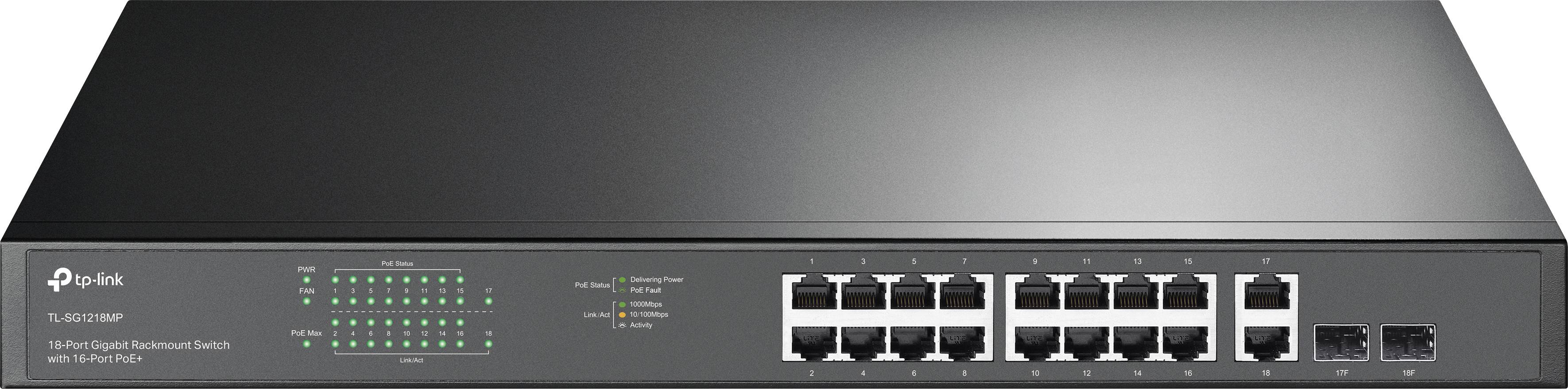 Commutateur réseau TP-Link avec 16 ports Ethernet et 2 ports SFP. Les LED indiquent l'état de fonctionnement. Modèle TL-SG2218.