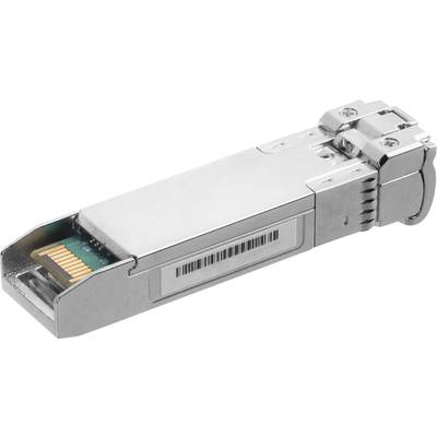 Un module SFP métallique pour connexions à fibre optique, qui fait partie du matériel réseau et permet la transmission de données à haute vitesse.