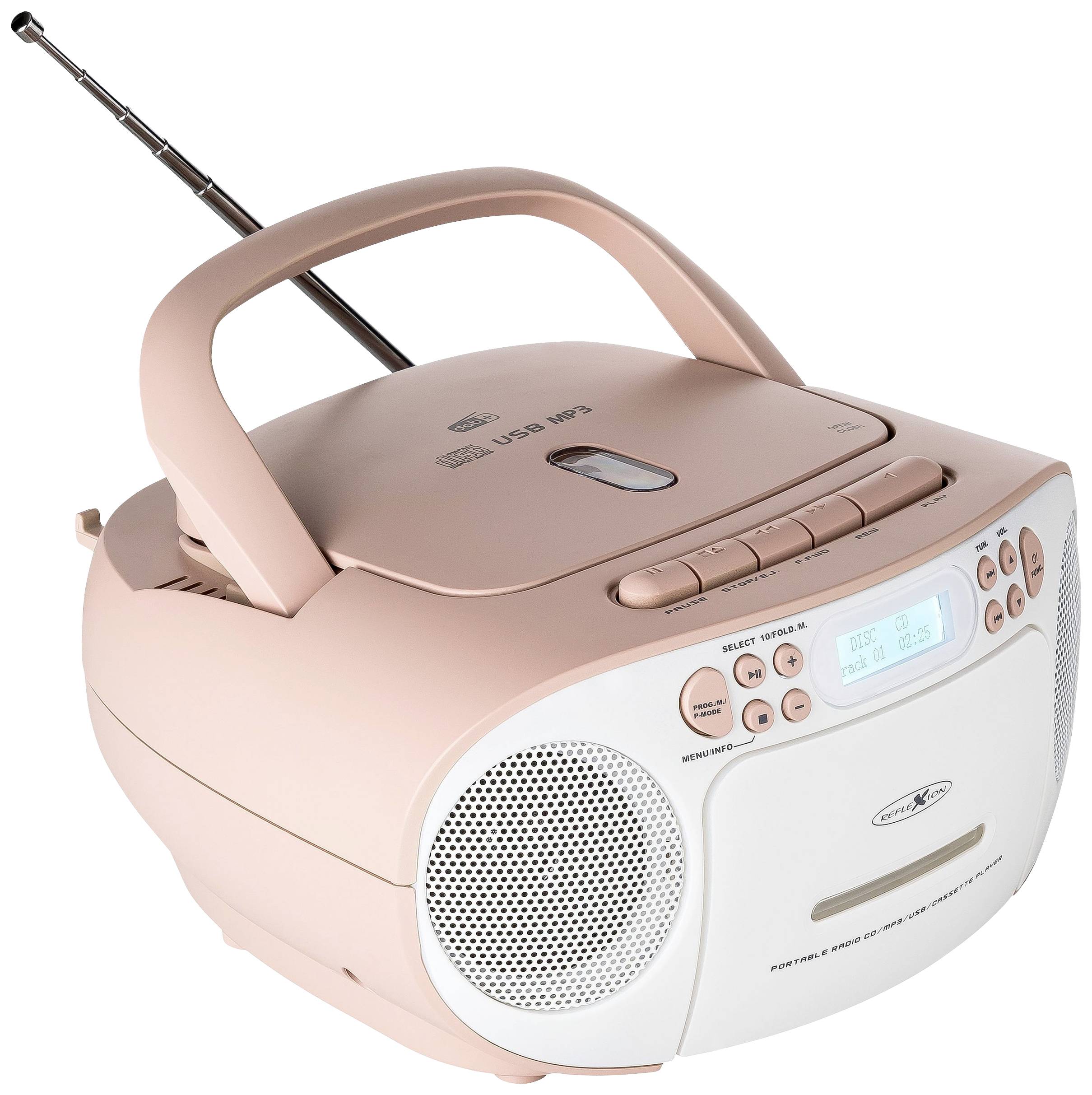 Un lecteur CD portable rose avec radio, antenne, deux haut-parleurs et des touches de commande sur le dessus.