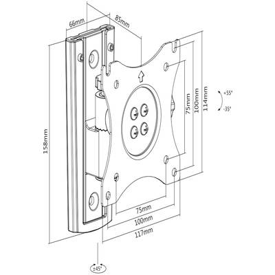 Dessin technique d'un support de moniteur avec dimensions : hauteur 158 mm, largeur 85 mm, inclinable +55°/-35°, pivotant ±45°, compatible VESA 100 mm.