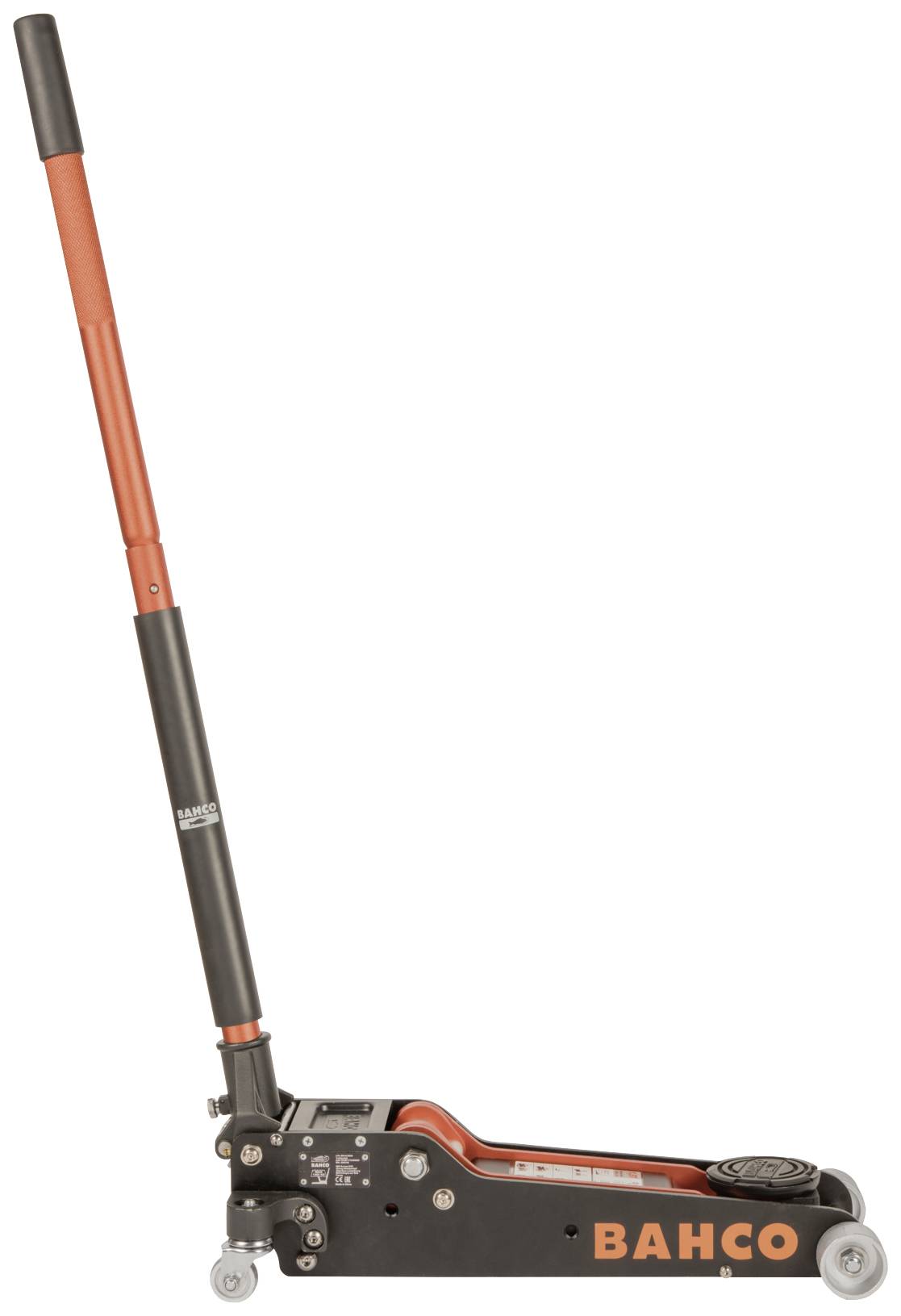 Cric hydraulique avec une poignée orange et l'inscription 'BAHCO' sur le côté, déplié et prêt à être utilisé.