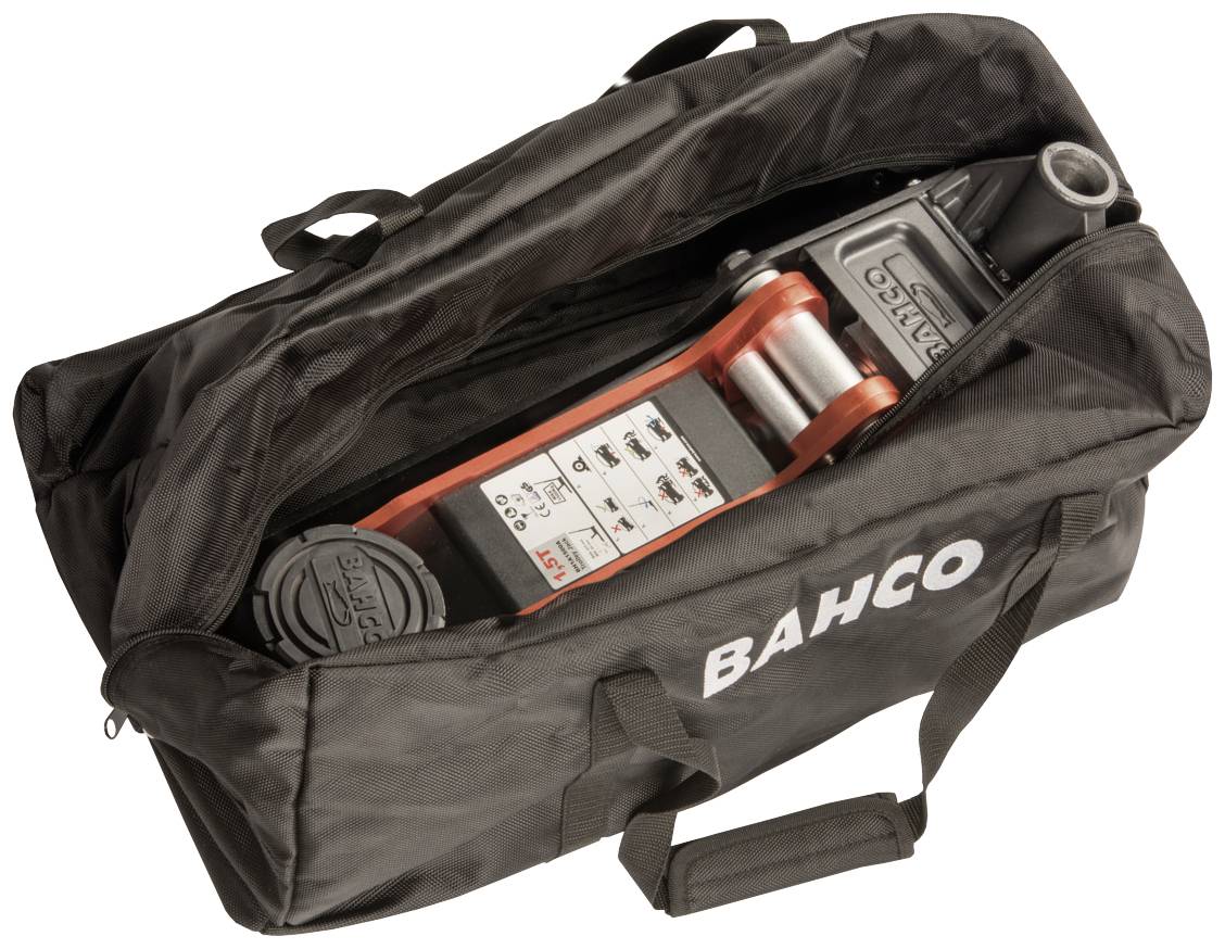 Sac de transport 'BAHCO' contenant un cric hydraulique. Le cric est partiellement visible et se trouve dans le sac ouvert.