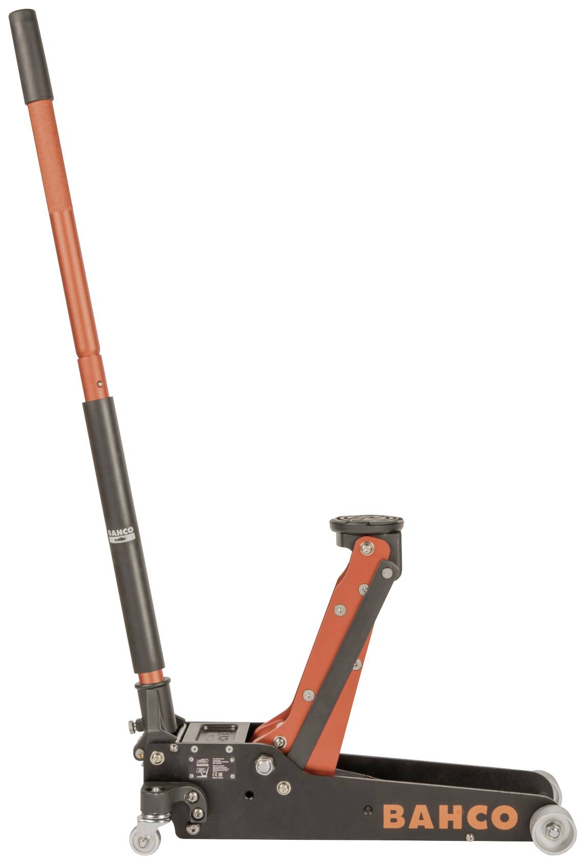 Cric hydraulique en vue latérale avec un levier rouge et une base noire, adapté pour soulever des véhicules. Logo de marque 'BAHCO' visible sur la base.