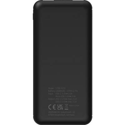 Batterie externe noire avec spécifications techniques imprimées : numéro de modèle, capacité de batterie 10000mAh, puissance d'entrée et de sortie, nom du fabricant.