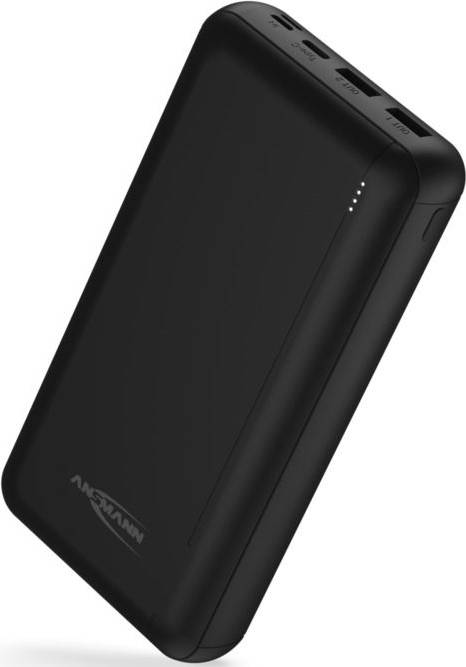 Batterie externe noire au design lisse, dotée de trois ports USB et de quatre voyants LED indiquant le niveau de charge.
