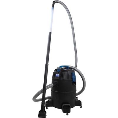Un aspirateur industriel noir avec un long tuyau est debout sur quatre roues. Une poignée bleue est visible sur le dessus pour un transport facile.