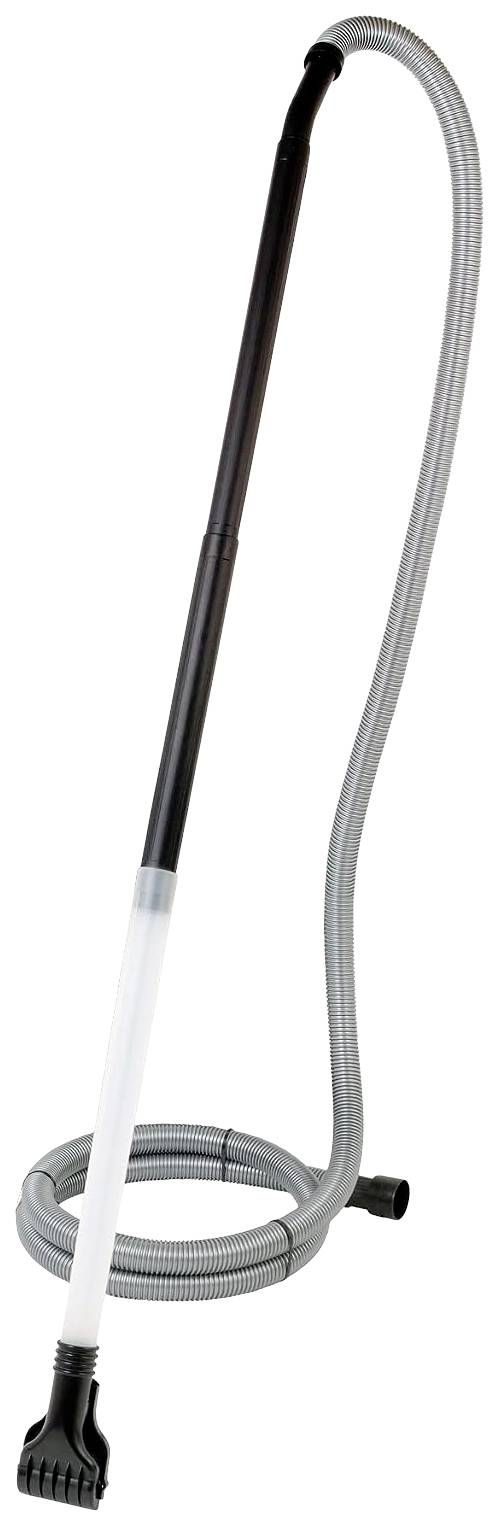 Un tuyau d'aspirateur gris avec une poignée noire et une tête courbée. Le tuyau est enroulé en spirale à sa base.