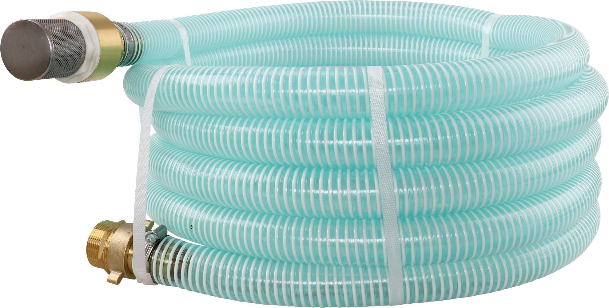 Un tuyau d'arrosage enroulé, transparent et vert, avec des raccords métalliques aux extrémités, adapté au transport d'eau ou aux travaux de jardinage.