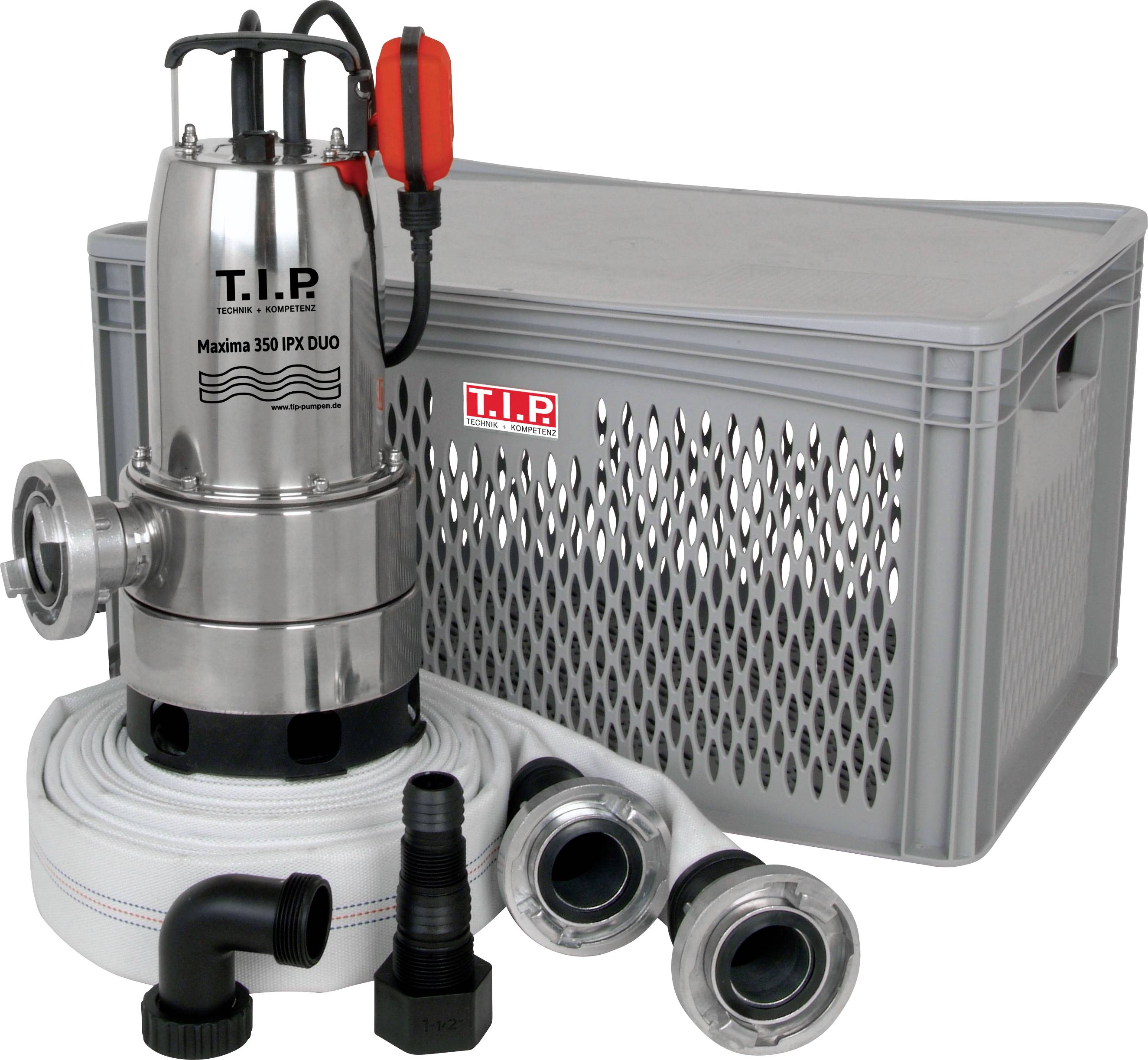 Une pompe de puisard en acier inoxydable avec deux tuyaux et accessoires devant un coffret de transport gris. Nom du produit 'T.I.P. Maxima 350 IPX DUO.'
