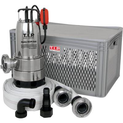 Une pompe de puisard en acier inoxydable avec deux tuyaux et accessoires devant un coffret de transport gris. Nom du produit 'T.I.P. Maxima 350 IPX DUO.'