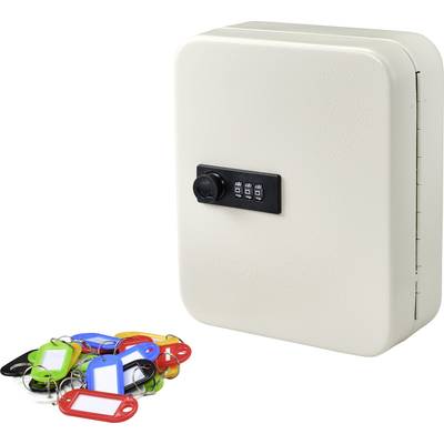 Boîte à clés en métal avec un cadenas à combinaison, et plusieurs porte-clés colorés devant.