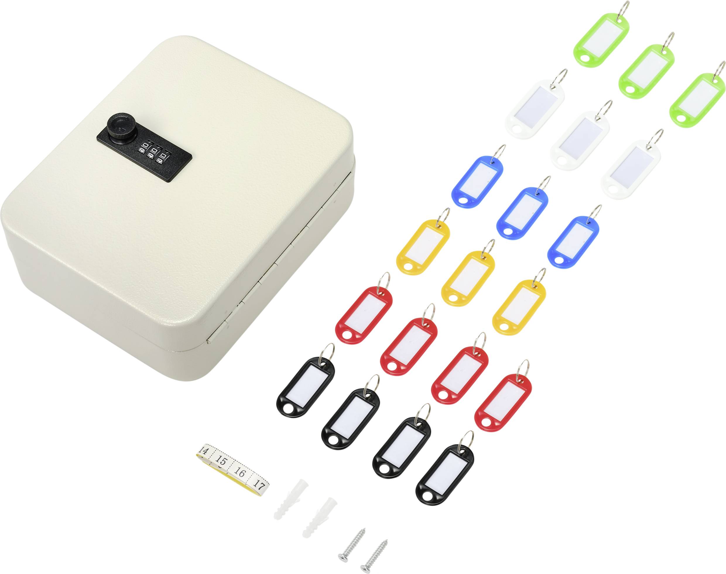 Boîte de casier métallique avec serrure à combinaison, entourée de 24 porte-clés colorés en vert, bleu, jaune, rouge et noir.