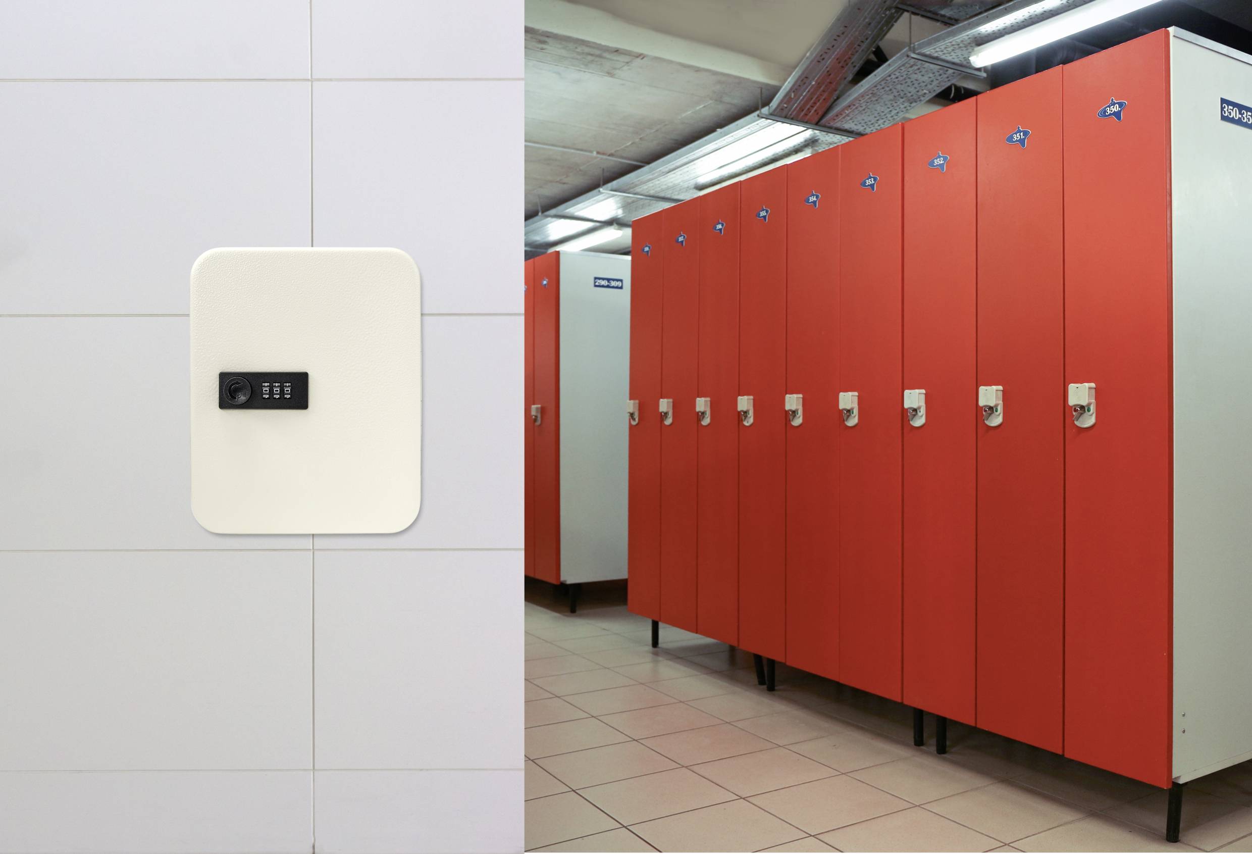 Vestiaire avec des casiers rouges et un mur blanc équipé d'un petit panneau de commande. Un éclairage néon lumineux offre une visibilité claire.