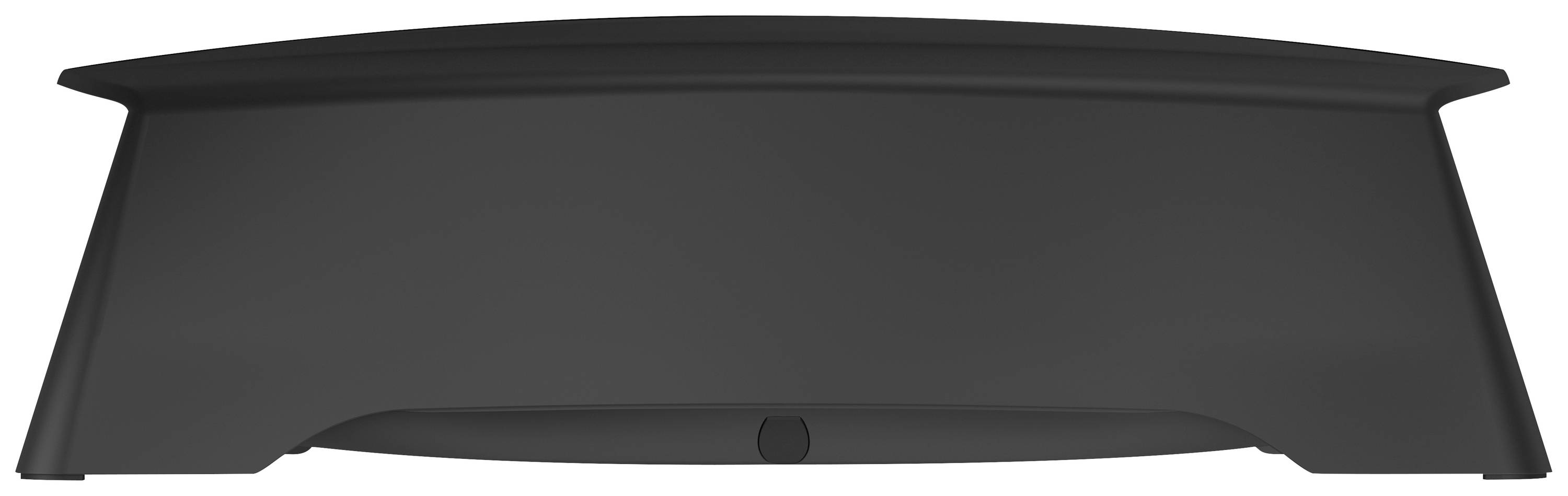 Un objet noir, plat, avec des bords arrondis et une surface légèrement bombée. Il ressemble à un appareil technologique.