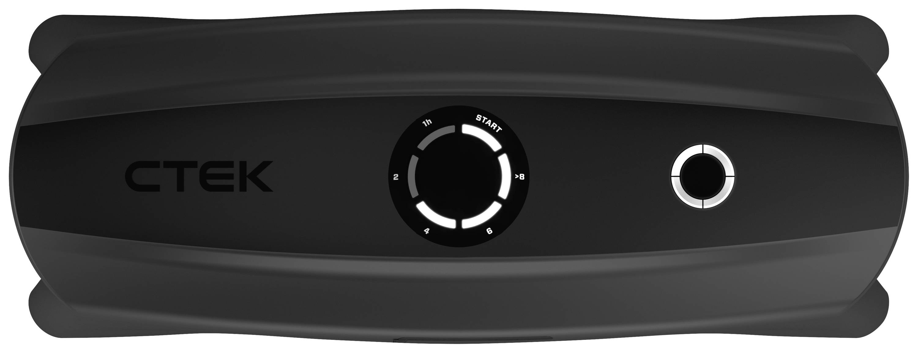 Chargeur CTEK noir et gris avec bouton central rotatif et indicateur lumineux.