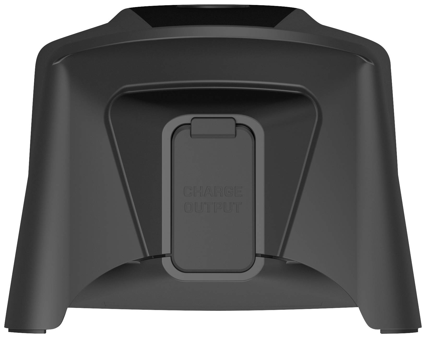 Un dispositif en plastique noir avec un volet à l'arrière, étiqueté 'Charge Output'. Principalement destiné à des fins de chargement.