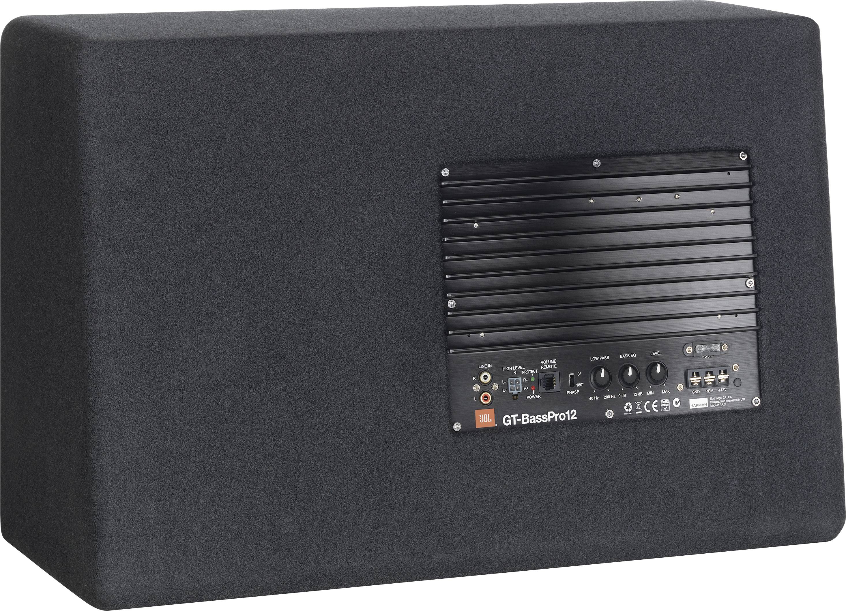 Haut-parleur noir avec panneau de commande, modèle 'GT-BassPro12'. Comprend des connexions et des commandes pour le réglage du son.