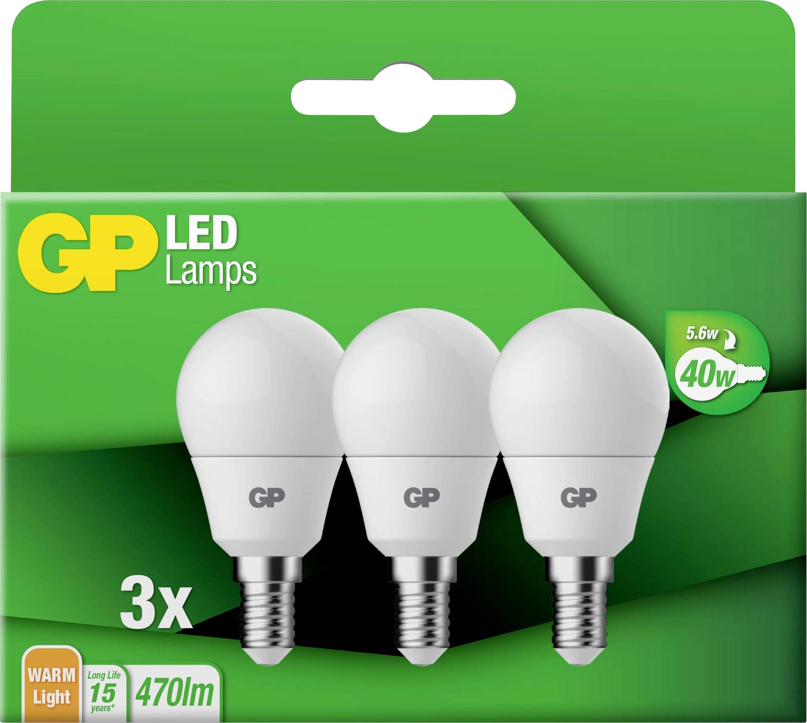 'Trois lampes LED GP avec douille E14, puissance de 5,6 W, équivalent à une ampoule à incandescence de 40 W, lumière blanc chaud de 470 lumens, durée de vie de 15 ans.'
