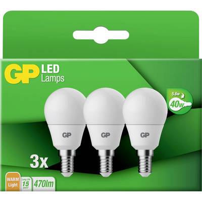 'Trois lampes LED GP avec douille E14, puissance de 5,6 W, équivalent à une ampoule à incandescence de 40 W, lumière blanc chaud de 470 lumens, durée de vie de 15 ans.'