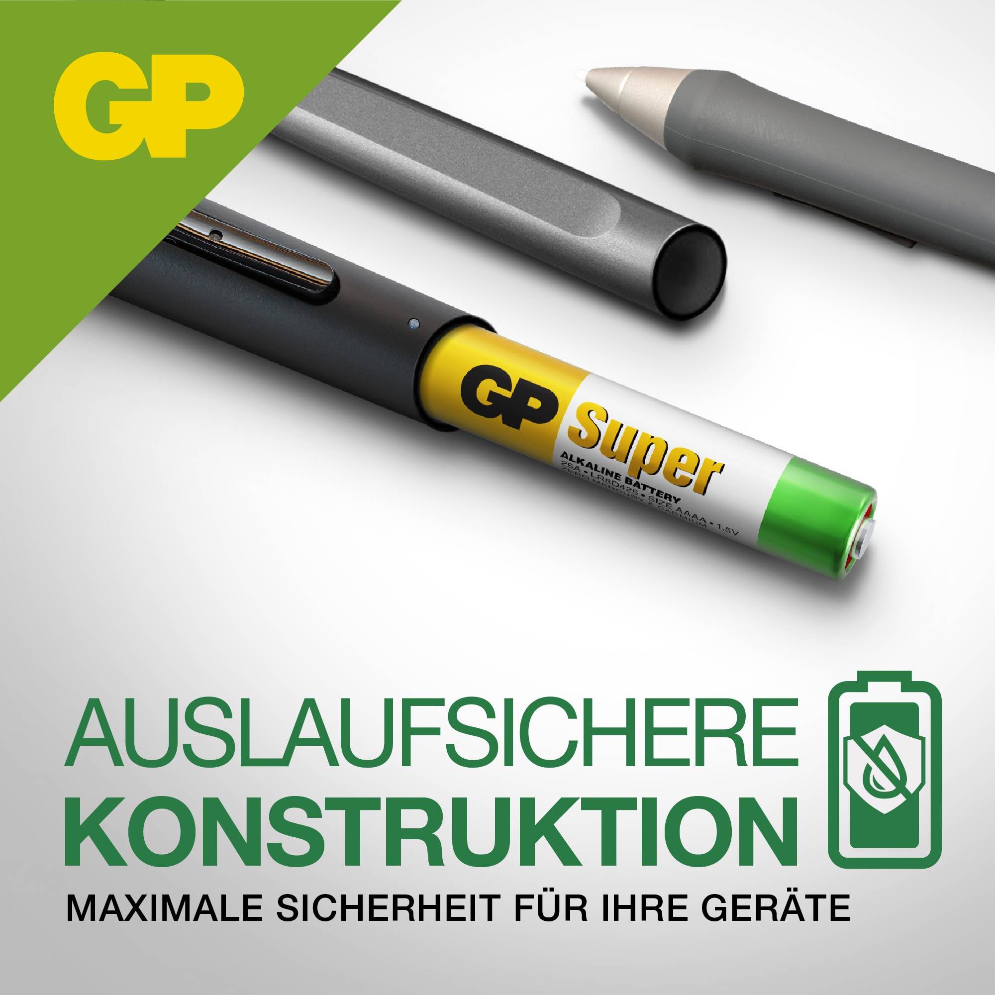 Construction à l'épreuve des fuites, batterie GP Super, soulignant la sécurité maximale pour les appareils. Ci-dessous, représentation d'un compartiment de batterie.