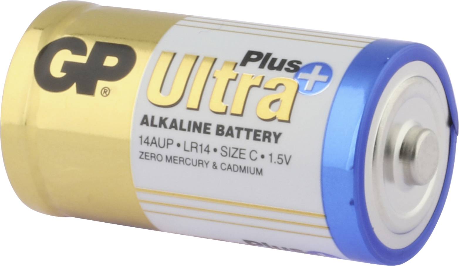 Pile alcaline GP Ultra, taille C, 1,5V, boîtier or et bleu, idéale pour les appareils électroniques. Sans mercure et sans cadmium.