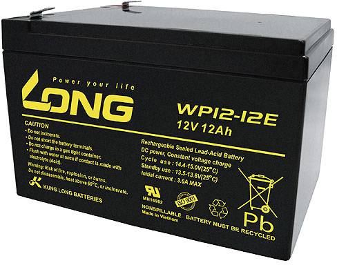 Une batterie au plomb de 12V 12Ah de couleur noire avec l'inscription jaune 'LONG'. Contient des précautions et des symboles de recyclage.