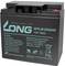 Batterie au plomb noire 12V 18Ah de marque 'LONG' avec l'inscription 'Power your life'. Avertissements et informations techniques sur la face avant.