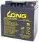 Batterie noire avec texte jaune : « LONG WPL28-12TN, 12V 28Ah ». Consignes de sécurité et de recyclage. Fabricant « KUNG LONG BATTERIES ».