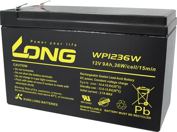 Long WP1236W WP1236W Batterie au plomb 12 V 9 Ah plomb (AGM) (l x H x P) 151 x 102 x 65 mm cosses plates 6,35 mm auto-décharge réduite, sans entretien