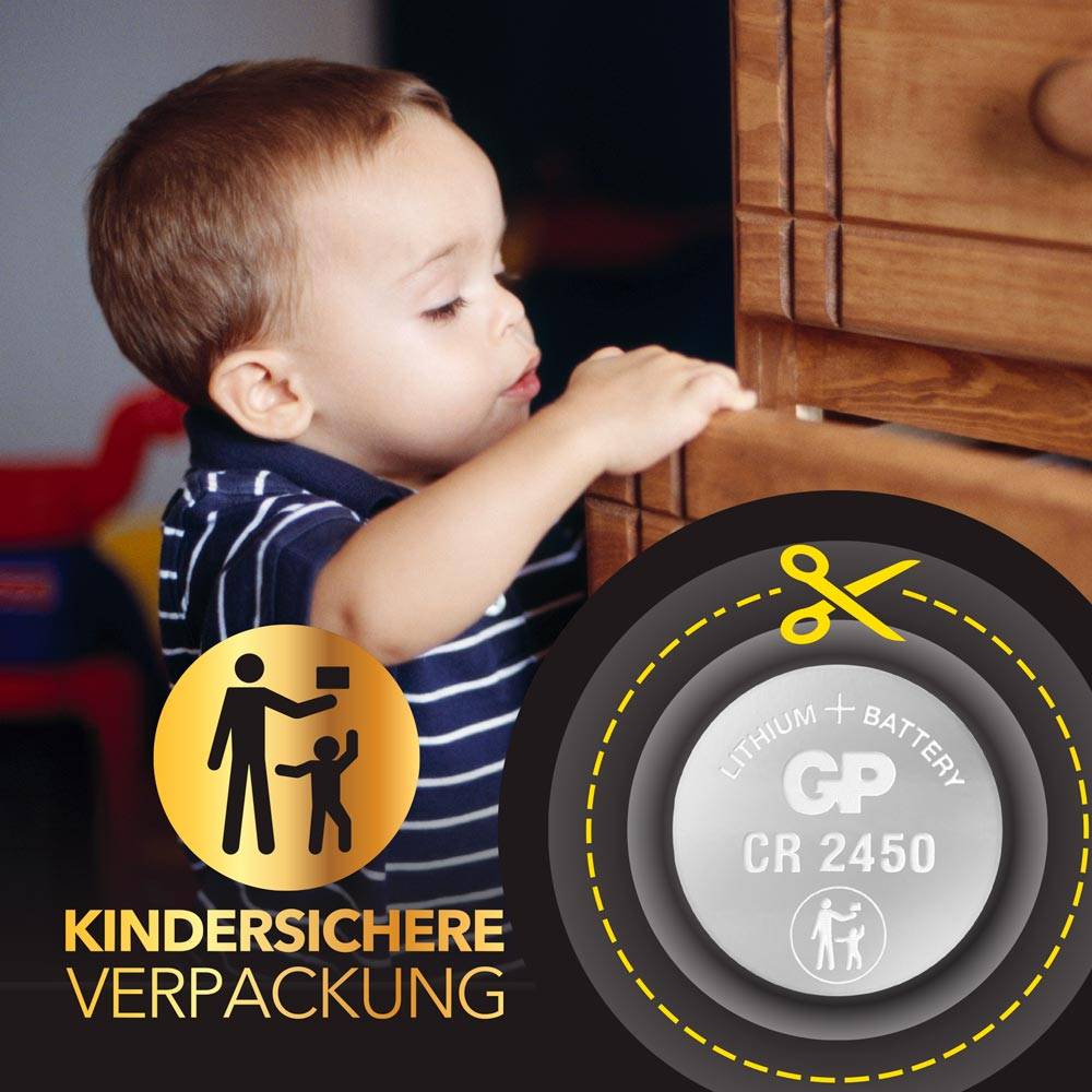 L'image montre un jeune enfant à côté d'une commode. Au premier plan, un symbole de batterie est accompagné du texte 'Emballage sécurisé pour enfants'.