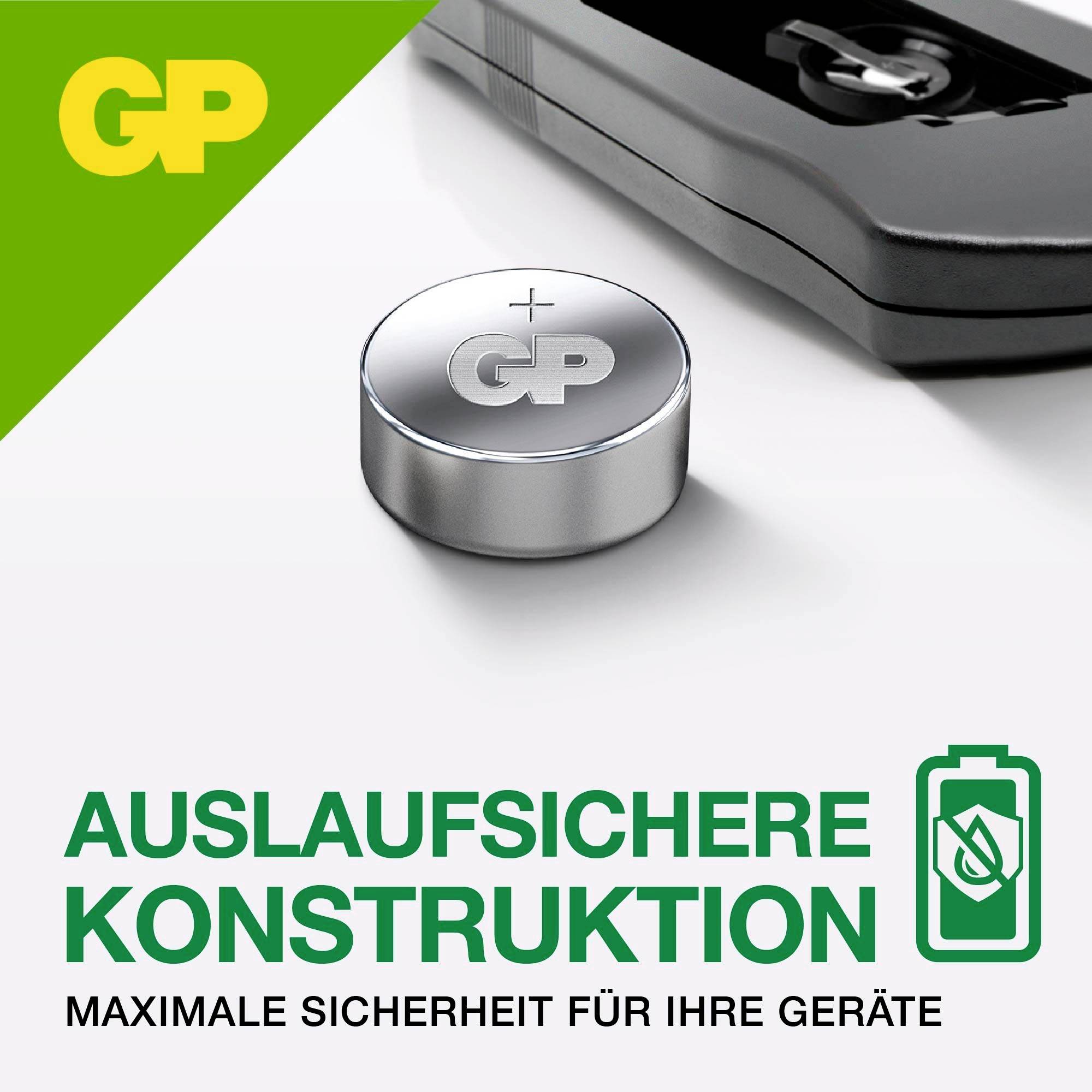 Annonce publicitaire pour piles GP avec pile bouton et symbole de batterie; Texte: 'CONSTRUCTION ÉTANCHE AUX FUITES', 'SÉCURITÉ MAXIMALE POUR VOS APPAREILS'