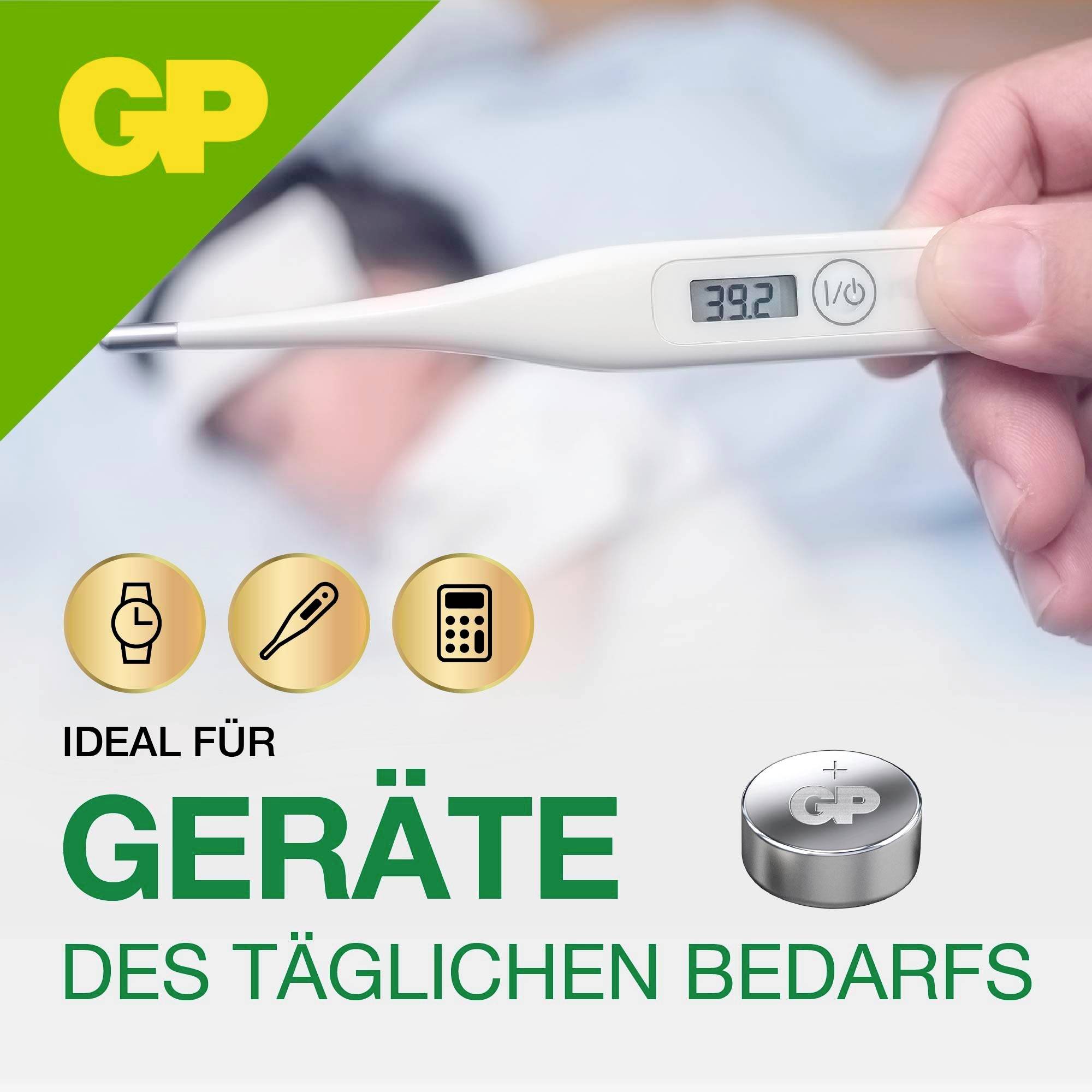 Image publicitaire pour les piles GP : affichage numérique du thermomètre au premier plan, symboles pour horloge, stylo et calculatrice, ainsi que le texte « IDÉAL POUR LES APPAREILS D'USAGE QUOTIDIEN ».