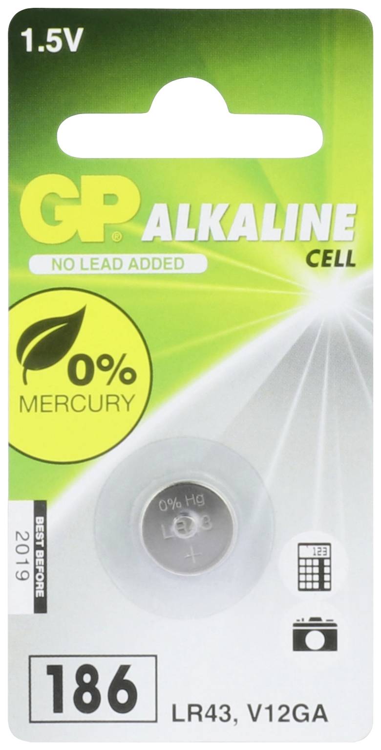 Pile alcaline 'GP' 1,5V, type 186 (LR43, V12GA), sans mercure, pour l'année 2019. L'emballage présente un symbole de batterie.