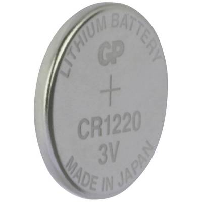 Pile bouton au lithium portant l'inscription « CR1220 3V, Made in Japan ».