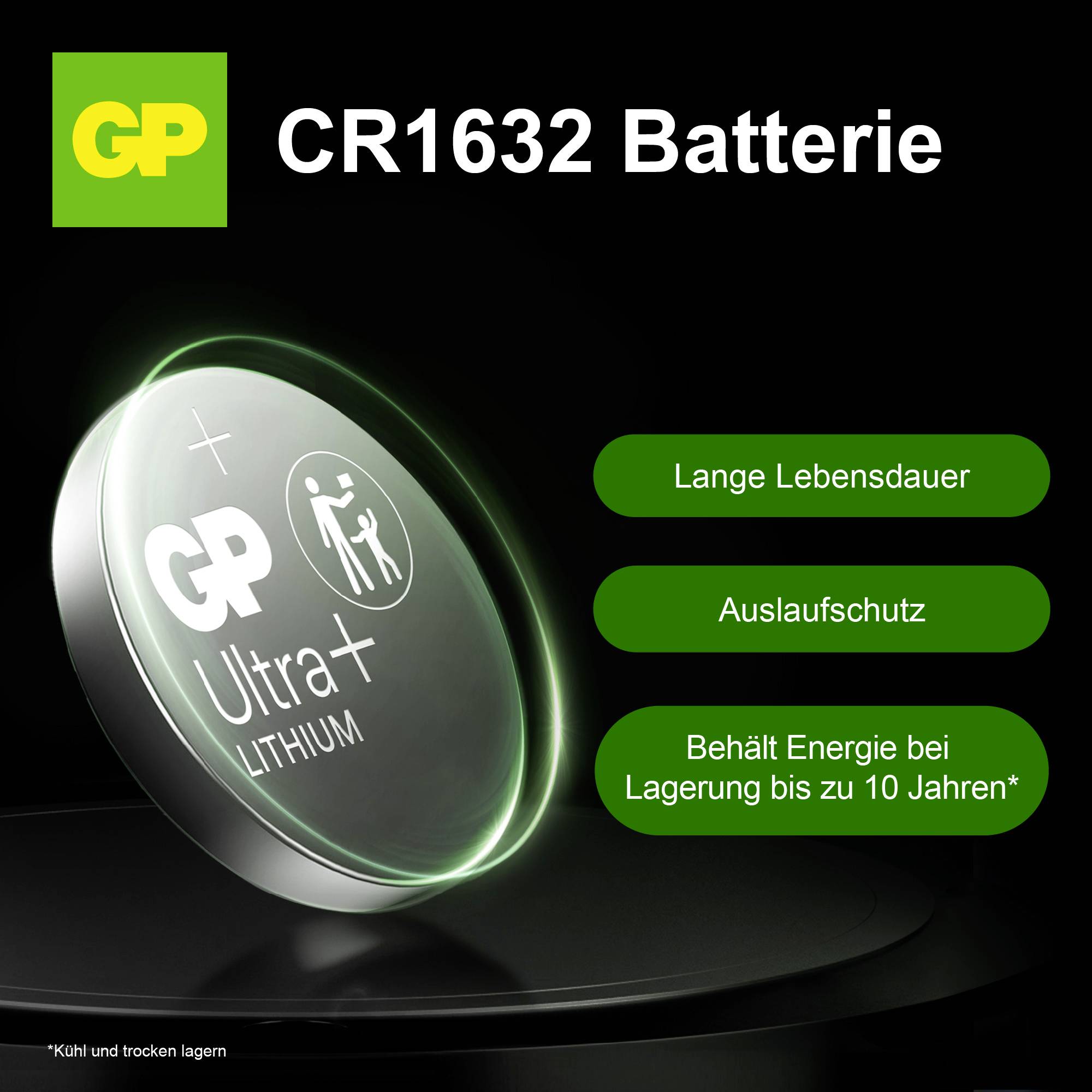 Affiche publicitaire pour batterie GP CR1632 avec les avantages longue durée de vie, protection contre les fuites et rétention d'énergie jusqu'à 10 ans de stockage.