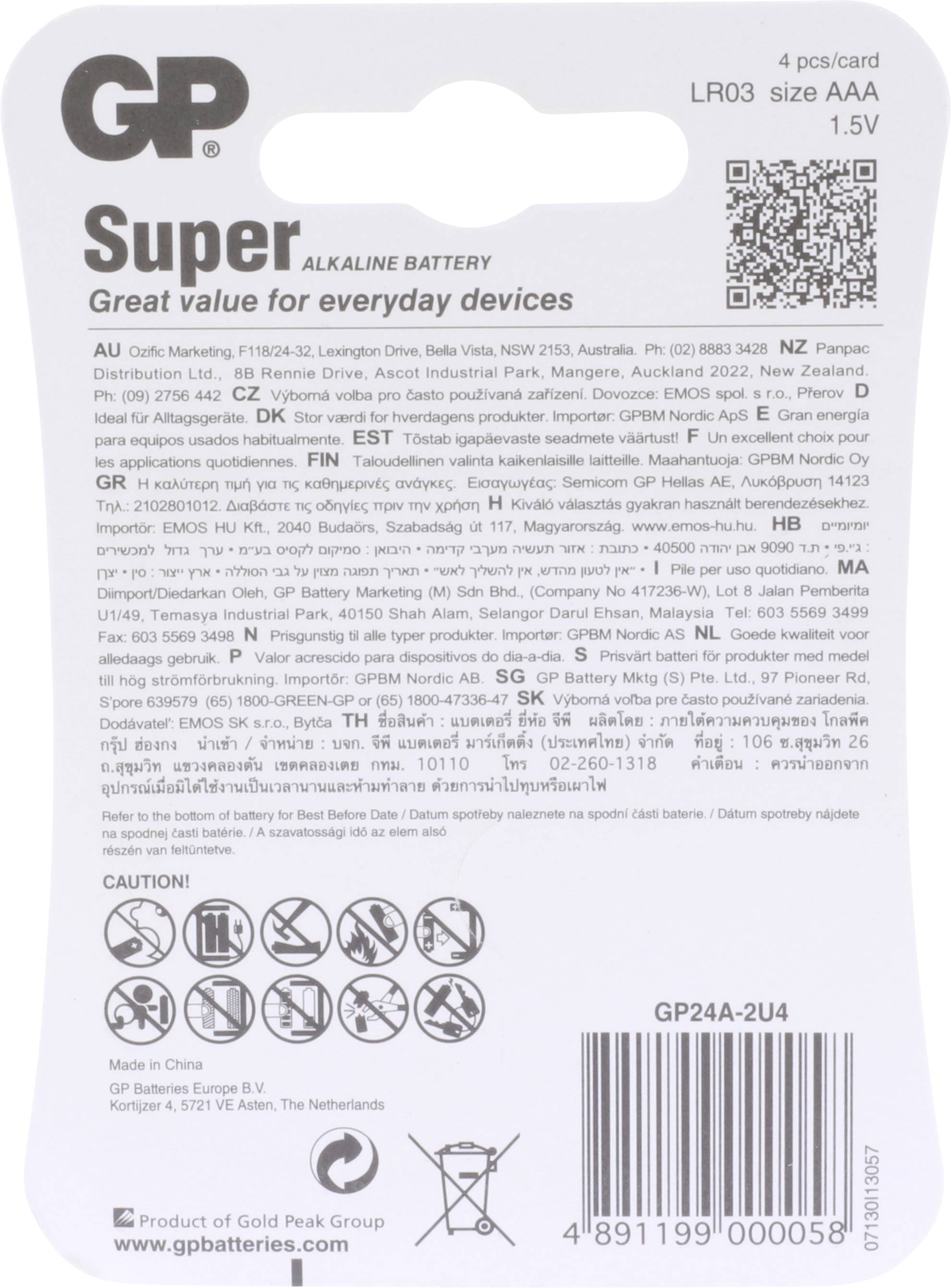 Piles alcalines GP Super, lot de 4, taille AAA, 1,5V. Idéales pour les appareils du quotidien. Contient les informations du fabricant et les avertissements de sécurité.