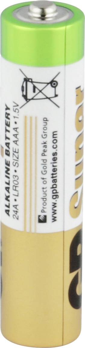 Pile alcaline AAA verte et jaune de 1,5V, avec des instructions d'élimination et de recyclage imprimées.
