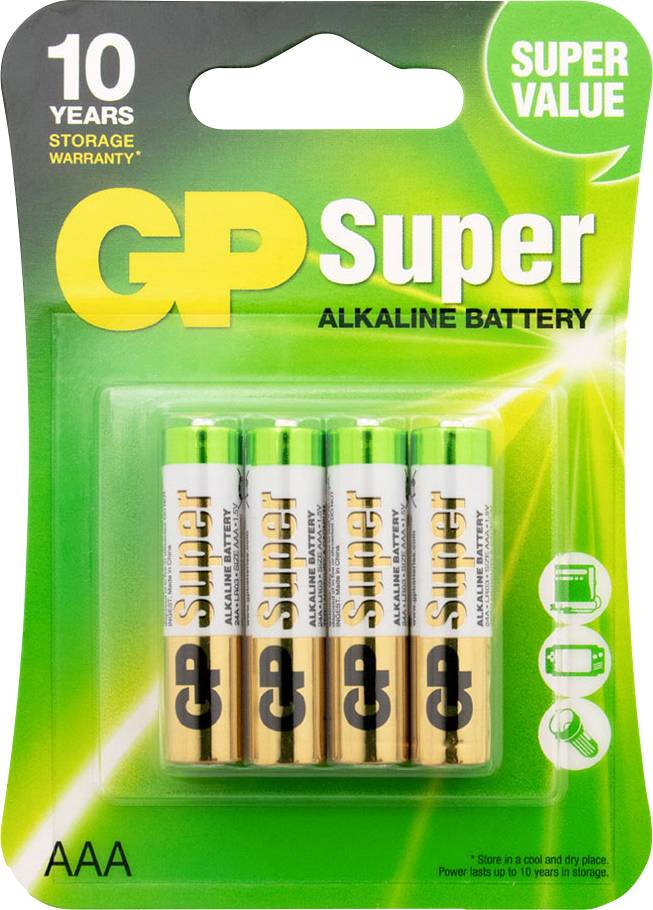 Quatre piles AAA dans un emballage vert de la marque 'GP Super'. Texte sur l'emballage : 'Super Value', 'Garantie de stockage de 10 ans'.