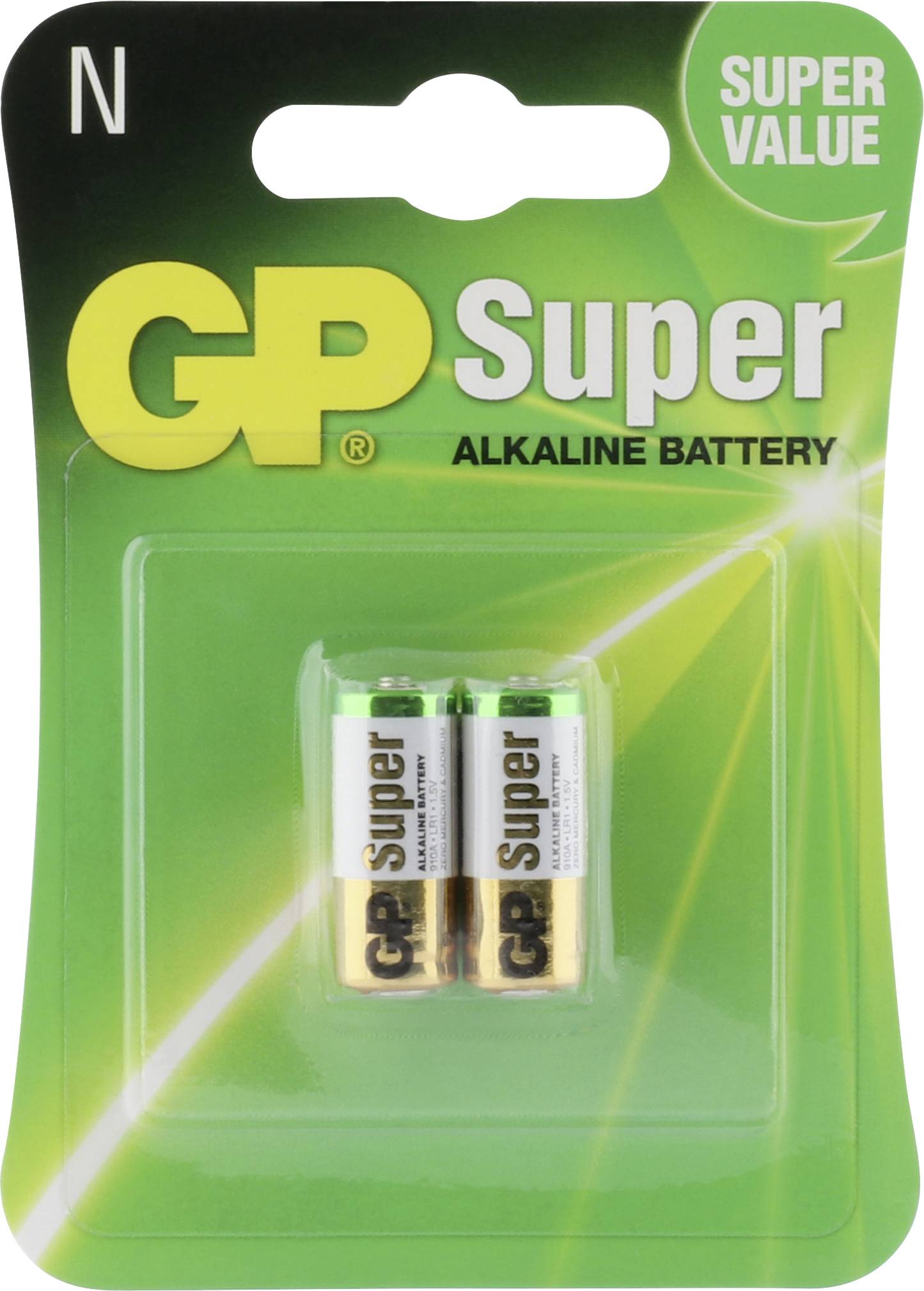 Annonce publicitaire pour les piles GP Ultra+ avec le texte « Longue durée de vie », montrant deux piles alcalines vertes sur un fond sombre.