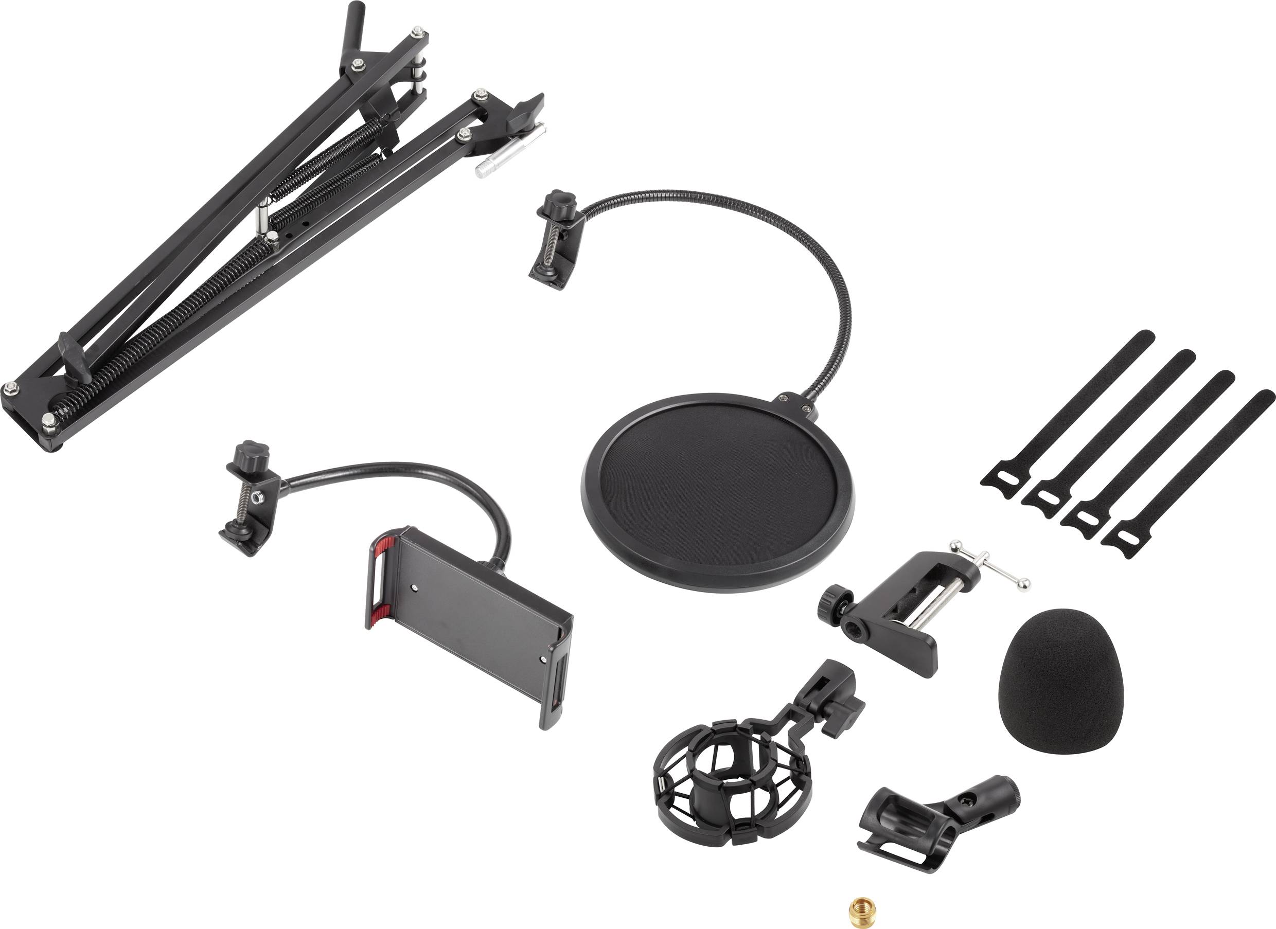 Accessoires de studio pour microphone : support de table, filtre anti-pop, suspension, support pour téléphone, housse en mousse et attache-câbles.