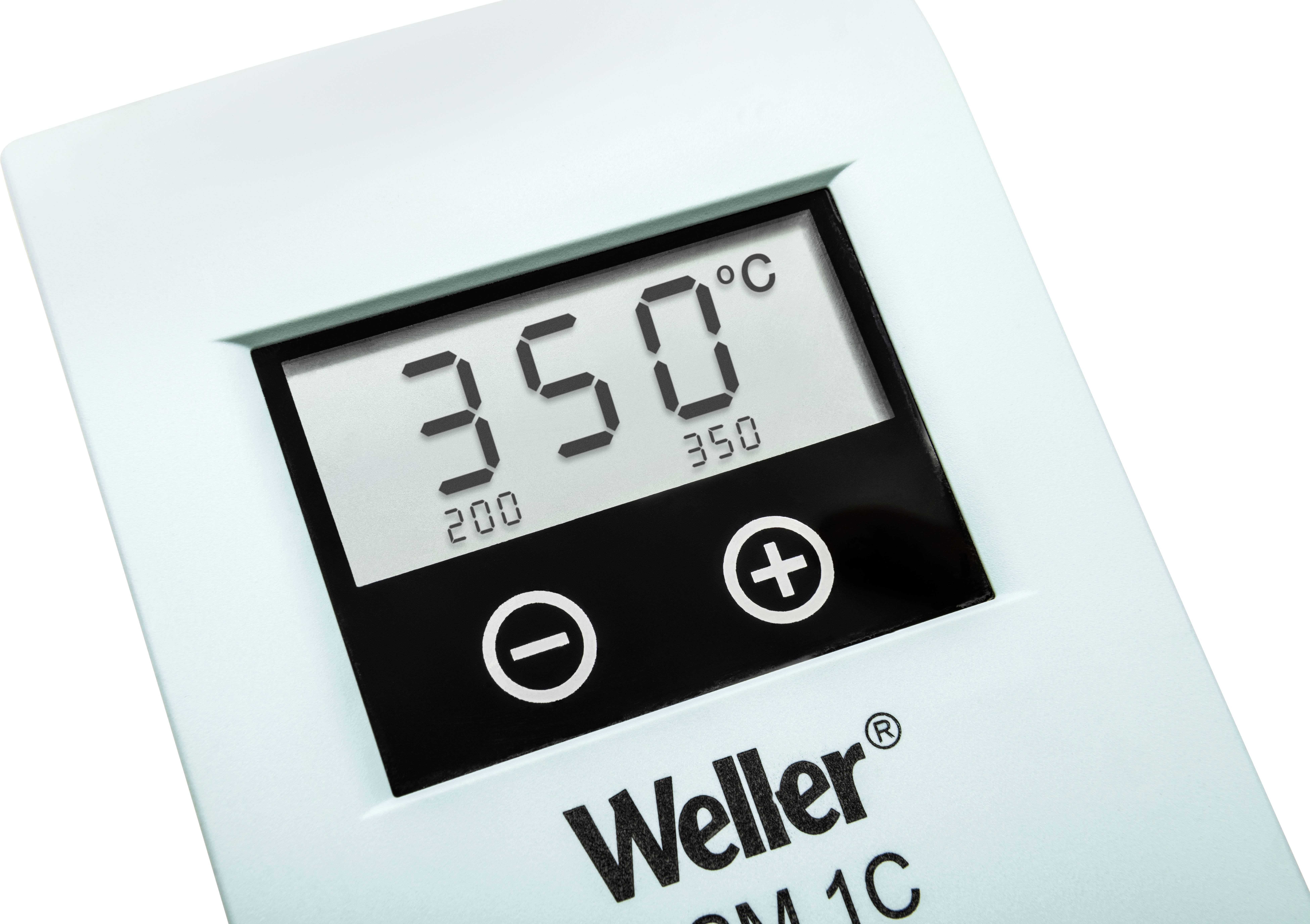 Un affichage indique '350°C' avec des touches Plus et Moins. En dessous est inscrit 'Weller'.