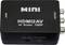 Convertisseur HDMI vers AV avec 'MINI' et 'HDMI2AV', offrant un upscaling jusqu'à 1080P. Ports d'entrée et de sortie, ainsi que l'alimentation électrique.